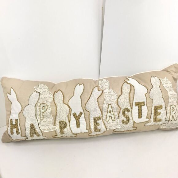 Bella Lux Gold Bead Lace Bunny Appliqué Happy Easter Decorative Accent Pillow - Picture 6 of 11